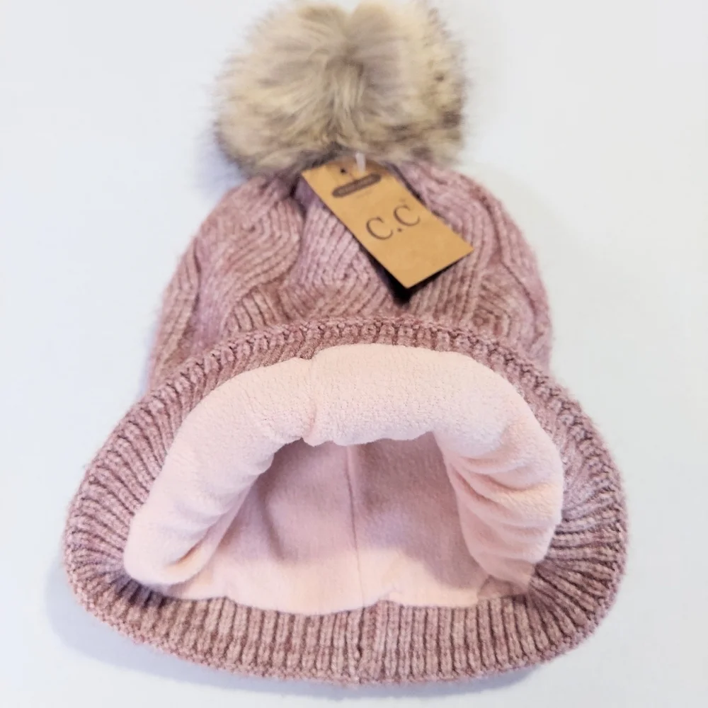 Braided Winter Hat Womens Mauve Knit Beanie Stretch Faux Fur Pom